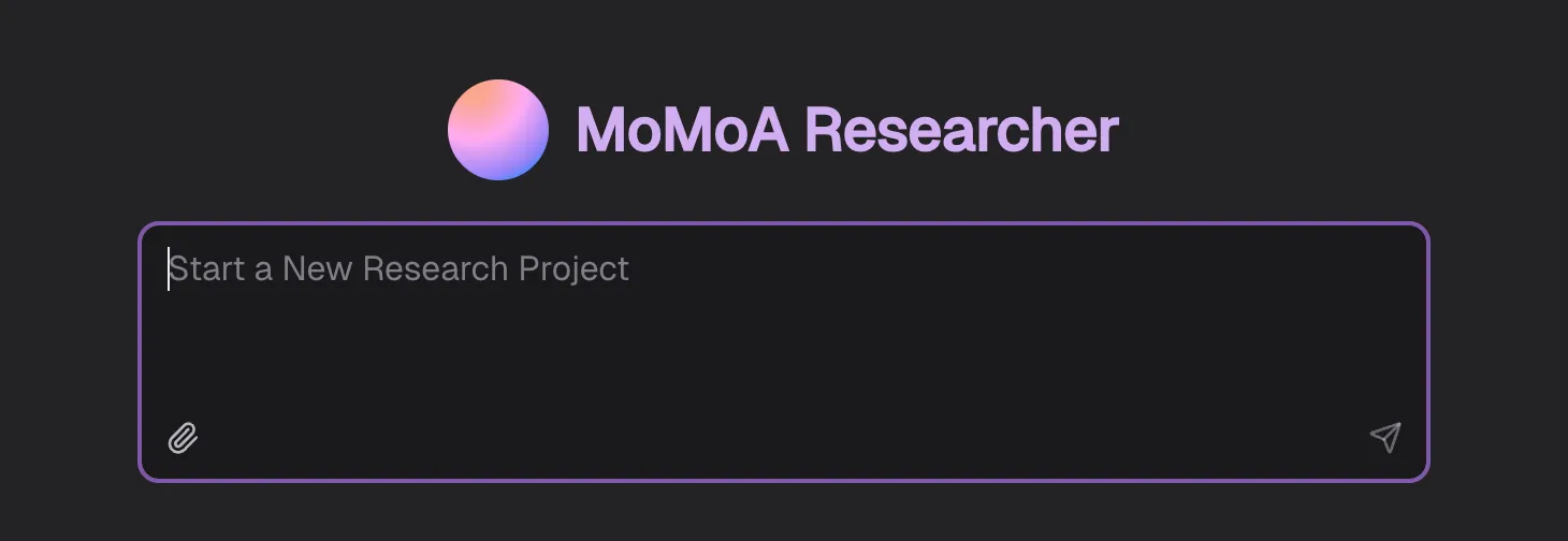User Interface for starting a new research project with the MoMoA researcher.